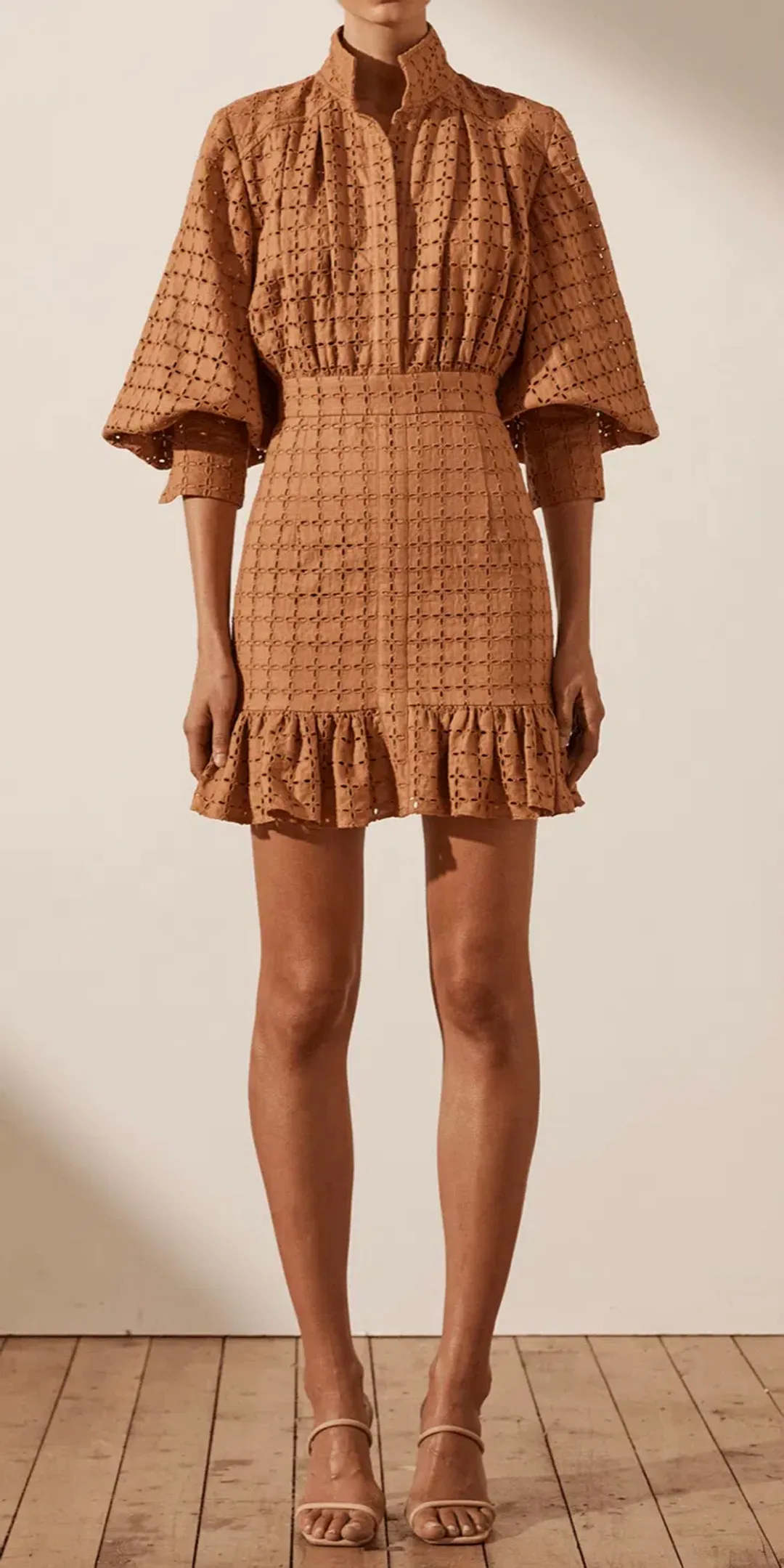 Shona Joy Penelope Balloon Sleeve Mini Dress Brown Size 6 for rent on The Volte - main image