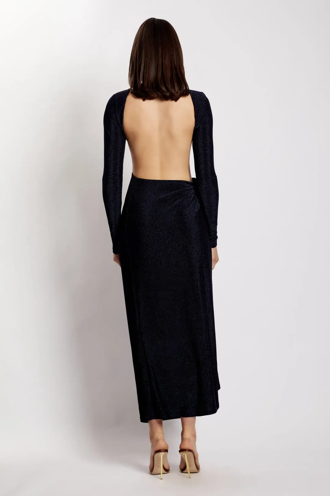 Meshki Christina Backless Maxi Wrap Dress in Navy Shimmer Size 8 for rent on The Volte - main image