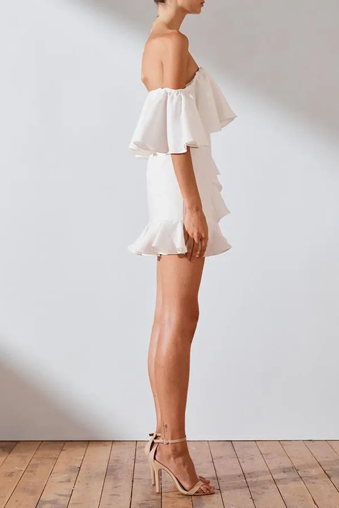 Shona Joy Savannah OTS Ruffle Mini Dress White Size 10 for rent on The Volte - main image