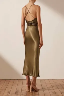 Shona Joy Gala Bias Midi Dress with Belt Warm Olive Green Size 8 for rent on The Volte - image 2
