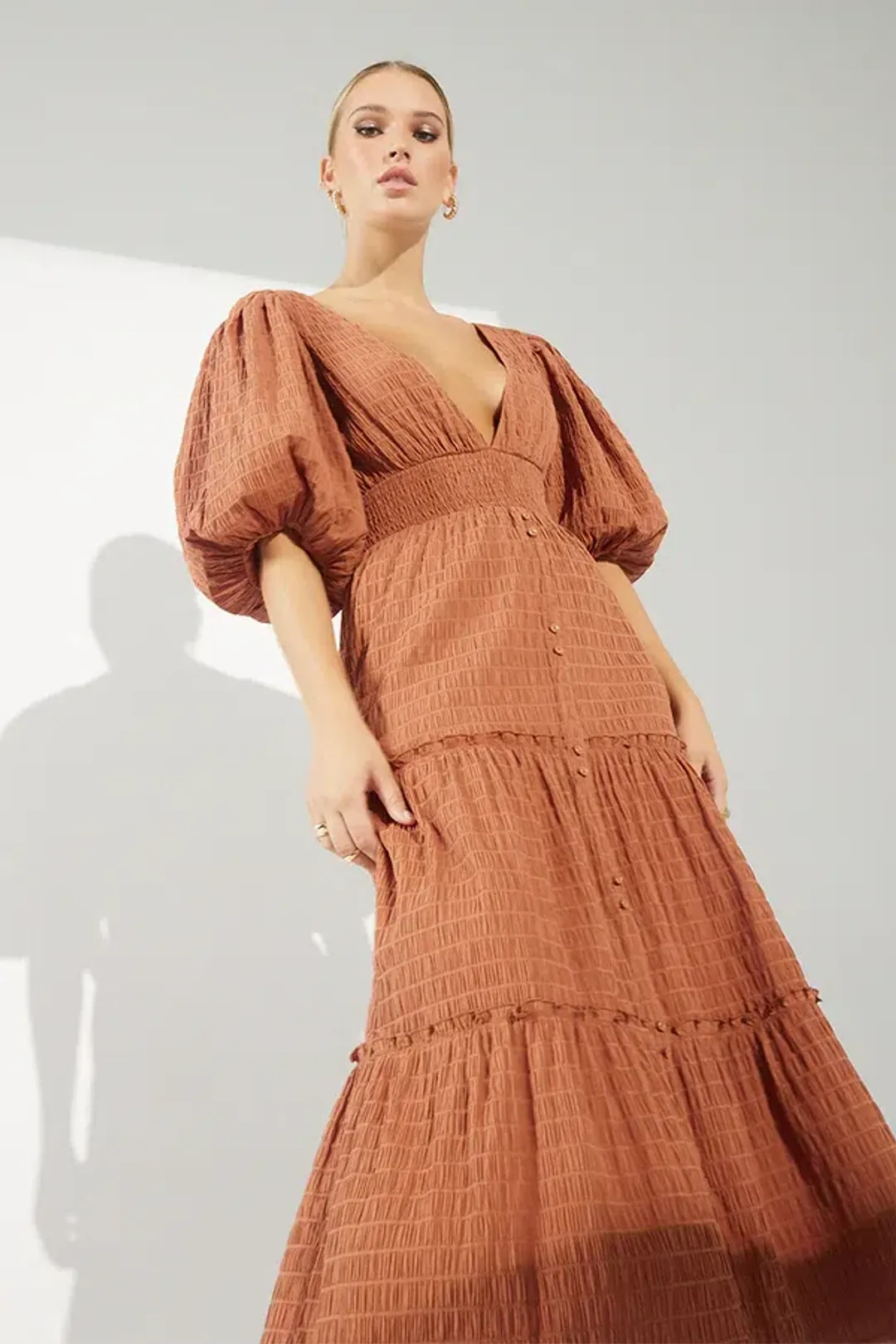 Sovere Reason Midi Dress in Cinnamon Brown Size 12 for rent on The Volte - main image