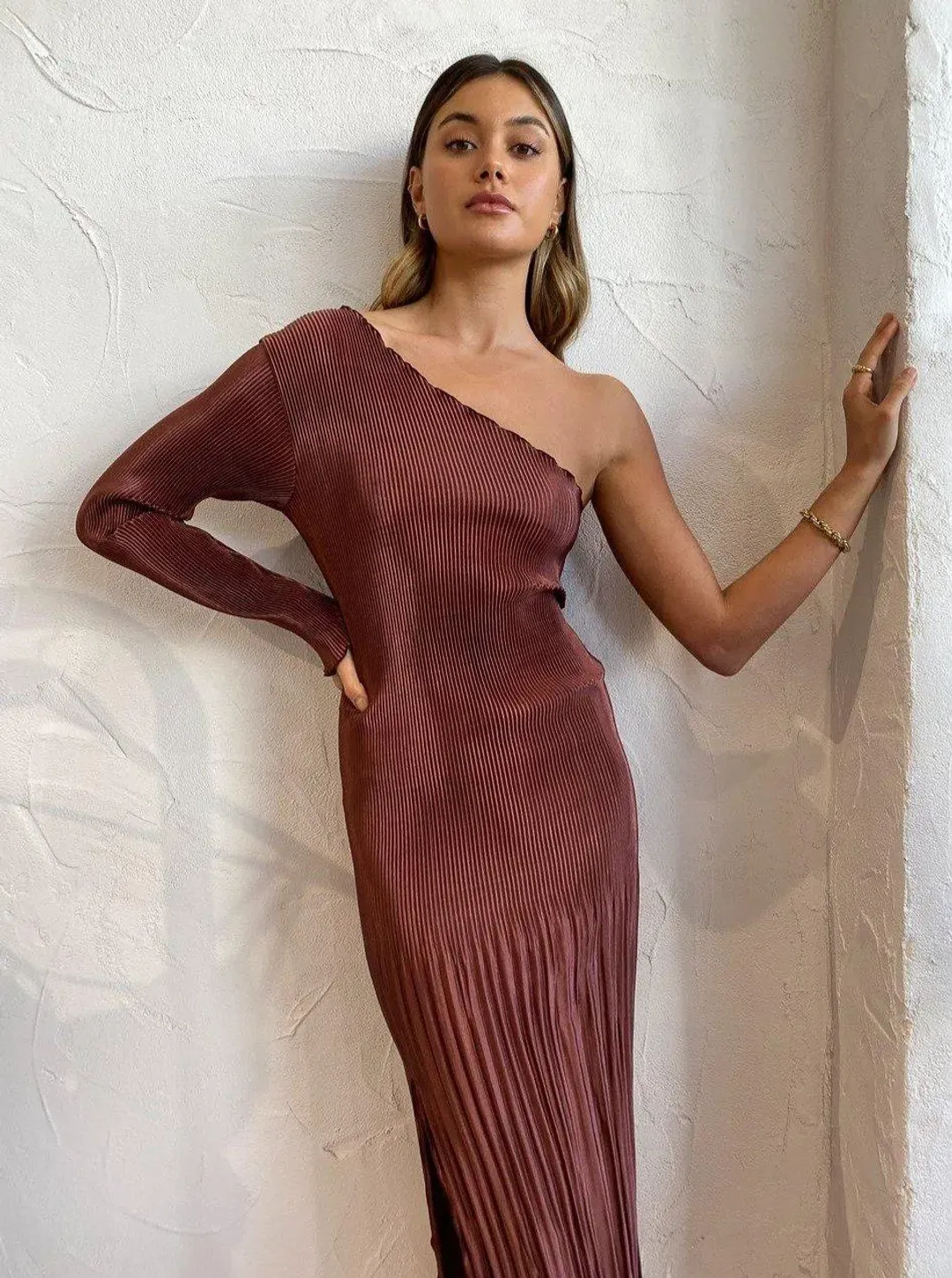 L'Idee Soiree One Shoulder L/S Dress Brown Size 6 for rent on The Volte - main image