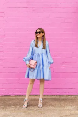 Stine Goya Jasmine Tiered Long Sleeve Shift Dress In Light Blue Size 12 for rent on The Volte - image 2