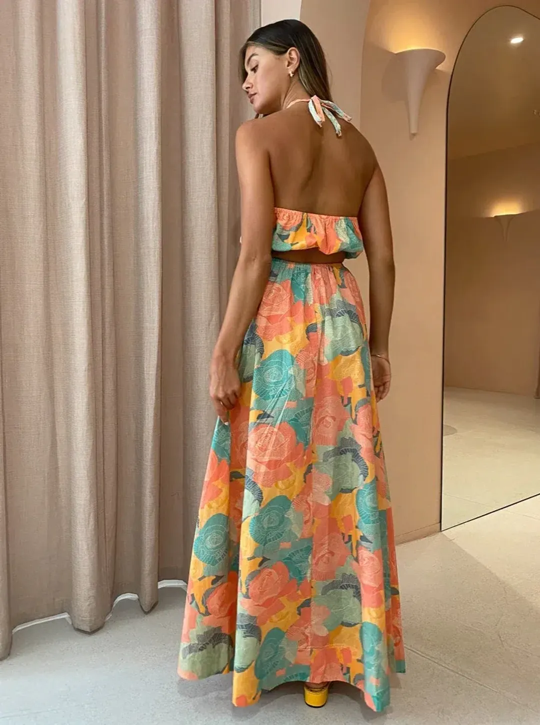 New Romantics Dolce Vita Halter Crop Size 10 and Maxi Skirt Size 8 Set Summer Rose Print for rent on The Volte - main image