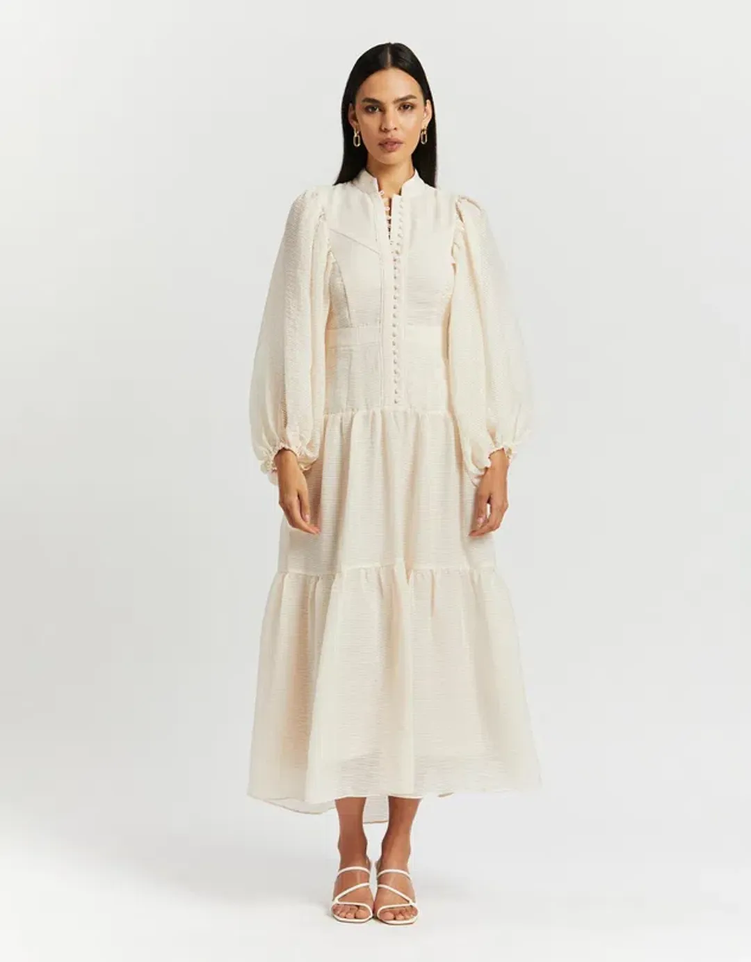 Shona Joy Charlotte High Neck Midi Dress Ecru Cream Size 14 for rent on The Volte - main image
