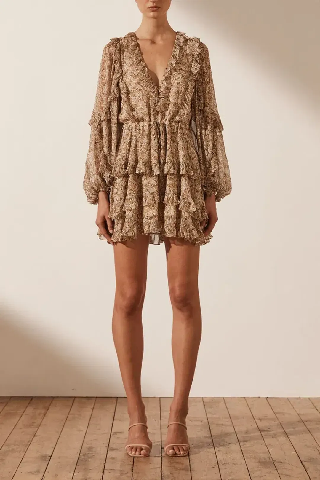 Shona Joy Ambar Balloon Sleeve Frill Mini Dress Brown Size 12  for rent on The Volte - main image