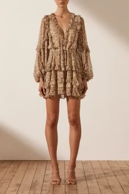 Shona Joy Ambar Balloon Sleeve Frill Mini Dress Brown Size 12  for rent on The Volte - image 1