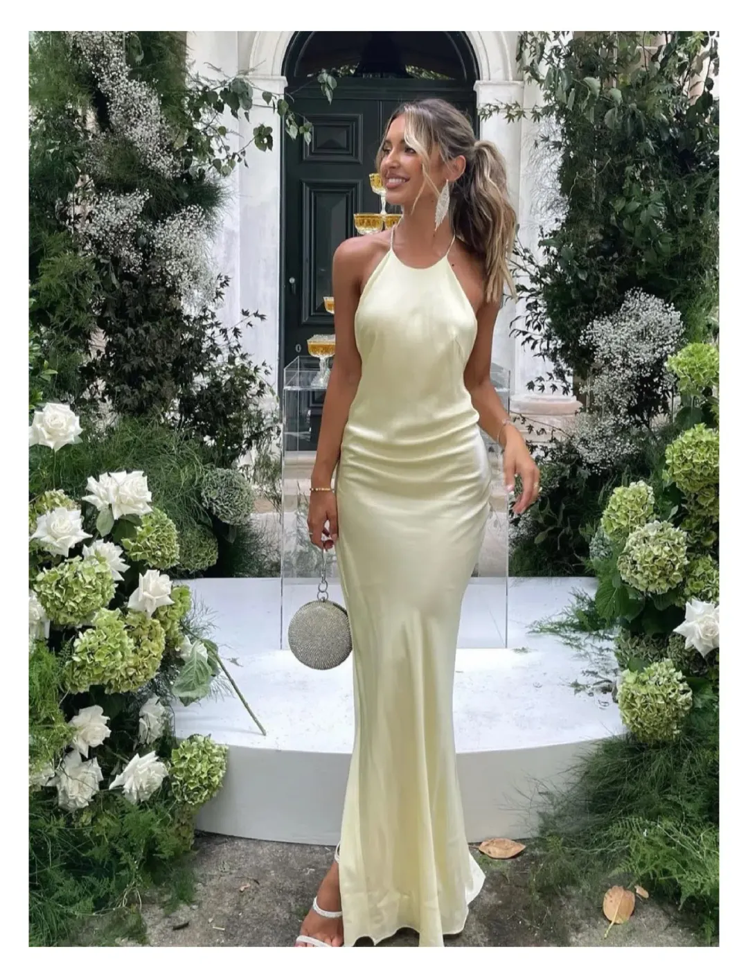 Michael Lo Sordo Hudson Bias Crystalline Maxi Dress Pale Yellow Size 4 for rent on The Volte - main image