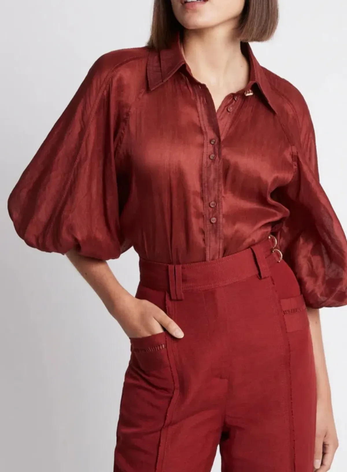 Aje Palms Puff Sleeve Shirt Burgundy Size 12 for rent on The Volte - main image