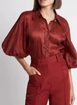 Aje Palms Puff Sleeve Shirt Burgundy Size 12 for rent on The Volte - image 1