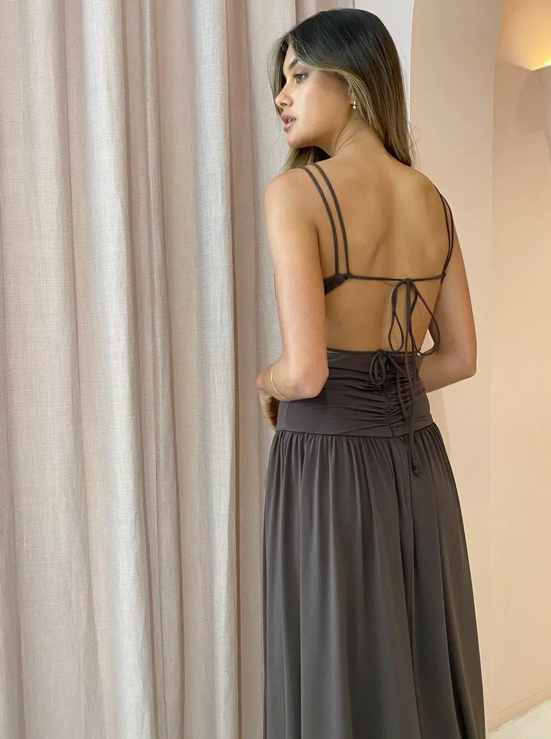 Bec & Bridge Joelene V Crop Top and Maxi Skirt Set Cognac Brown Size 8 for rent on The Volte - main image