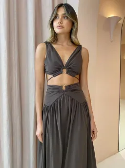 Bec & Bridge Joelene V Crop Top and Maxi Skirt Set Cognac Brown Size 8 for rent on The Volte - image 5