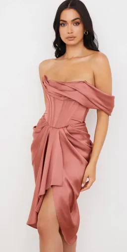 House of CB Janis Rouge Satin One-Shoulder Draped Midi Dress Pink Size 8 for rent on The Volte - image 2