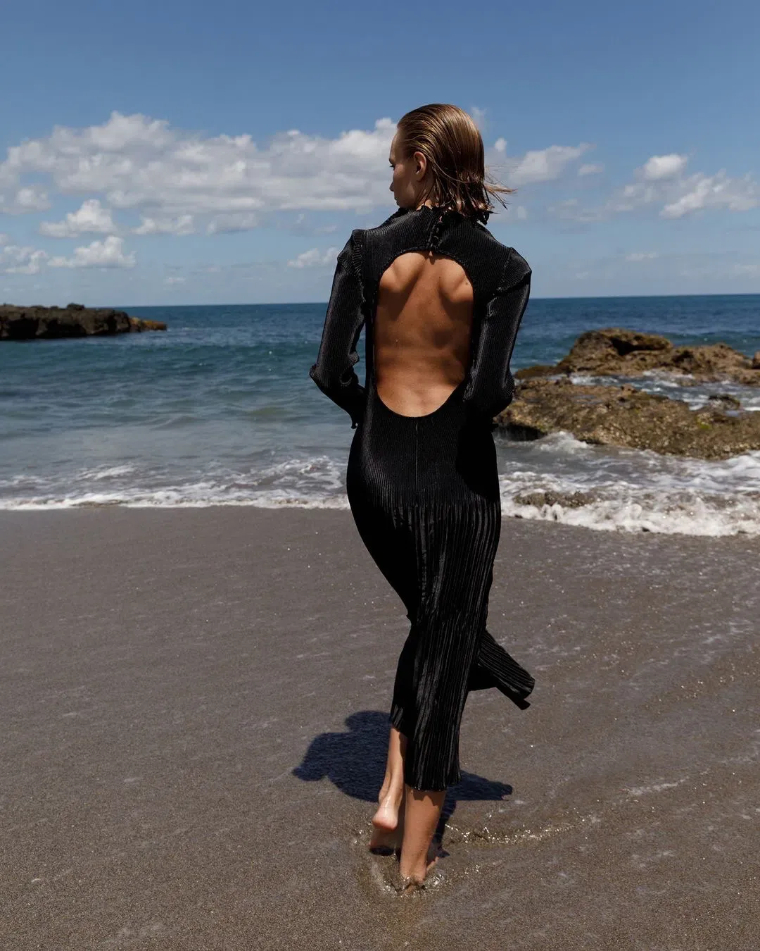 L’Idee Soirée Pleated Backless Long Sleeve Dress Black Size 8  for rent on The Volte - main image