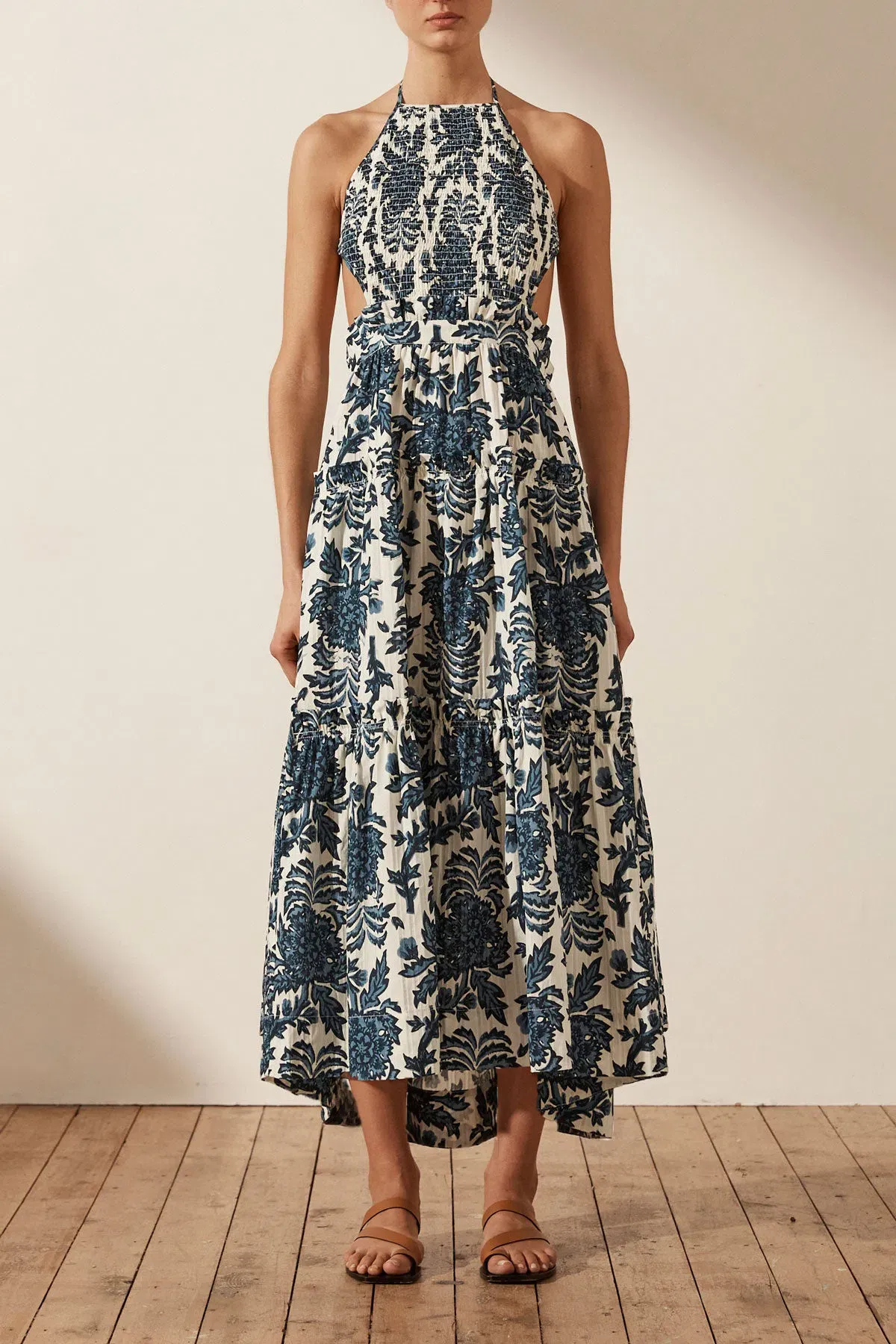Shona Joy Diana Shirred Backless Midi Dress Print Size 6 for rent on The Volte - main image