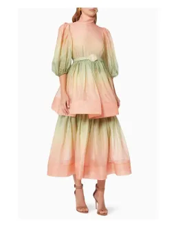 Zimmermann Postcard Puff Sleeve Midi Dress Ombre Watermelon Size 1 / Au 10 for rent on The Volte - image 1