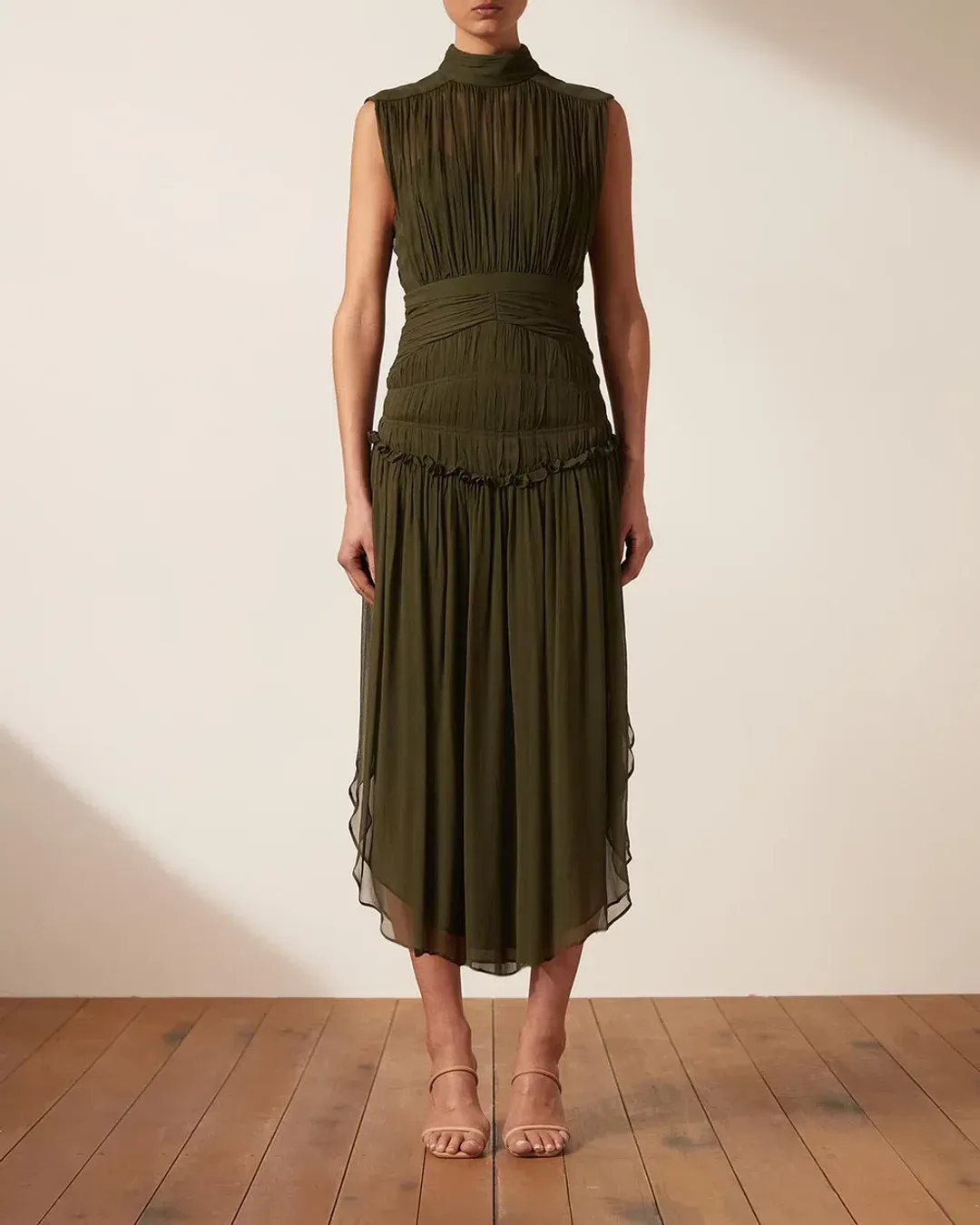 Shona Joy Safira Sleeveless Open Back Midi Dress in Olive Green Size 8 for rent on The Volte - main image