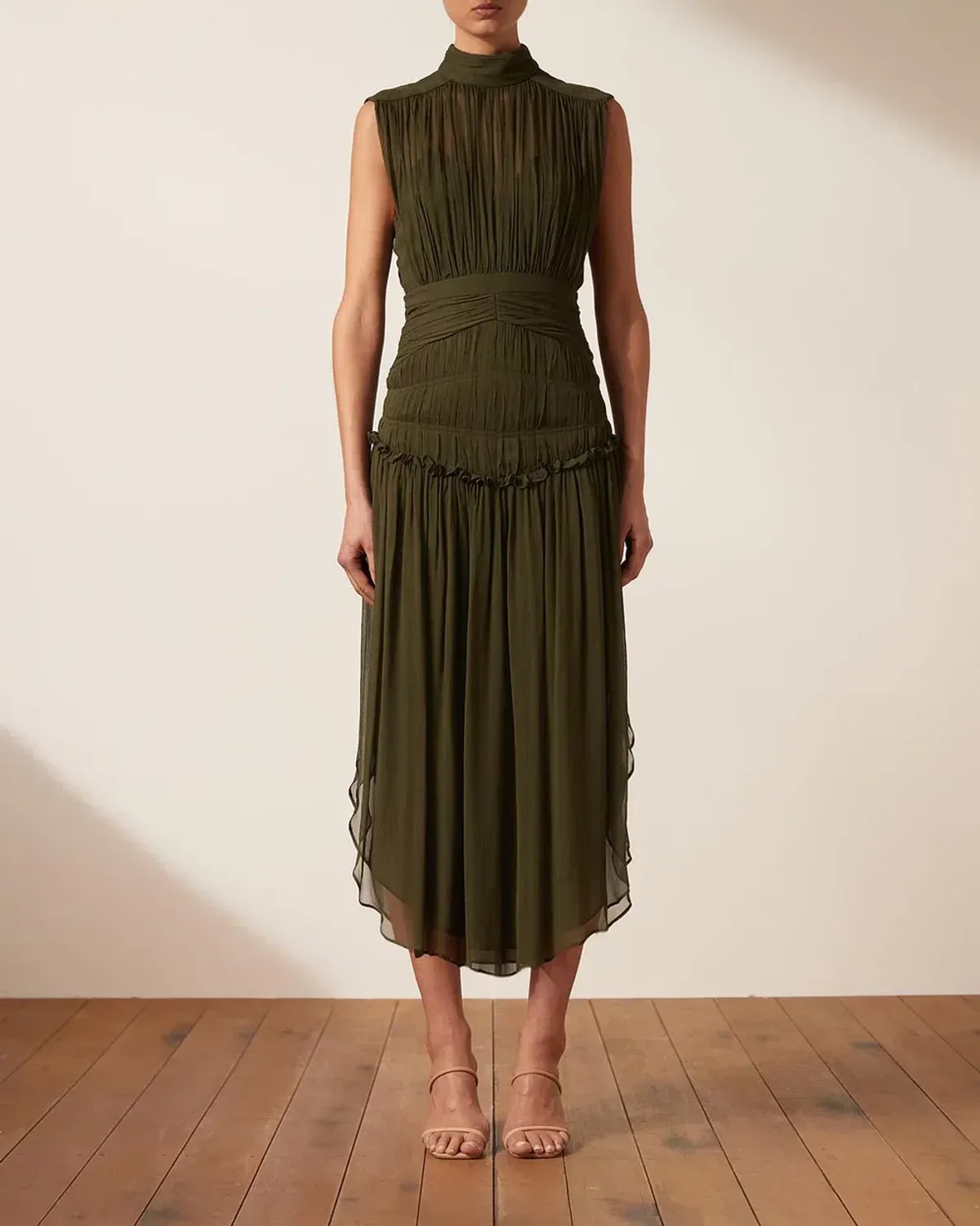 Shona Joy Safira Sleeveless Open Back Midi Dress in Olive Green Size 8 for rent on The Volte - main image