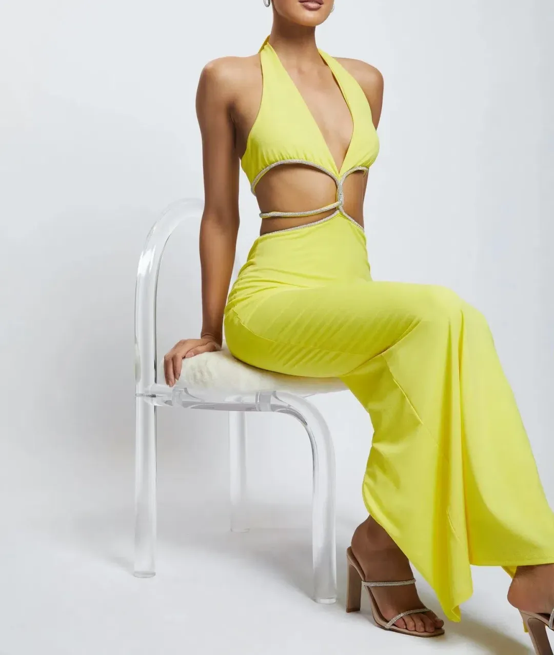 Meshki Nicha Diamante Cut Out Midi Dress Yellow Size 10 for rent on The Volte - main image