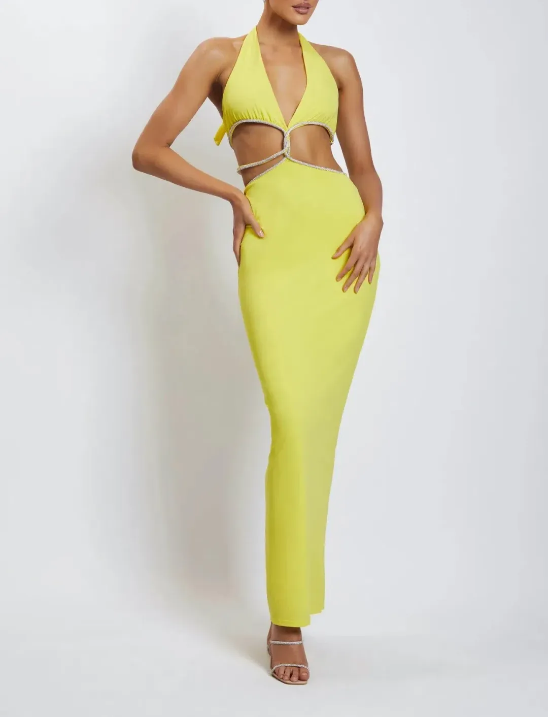 Meshki Nicha Diamante Cut Out Midi Dress Yellow Size 10 for rent on The Volte - main image