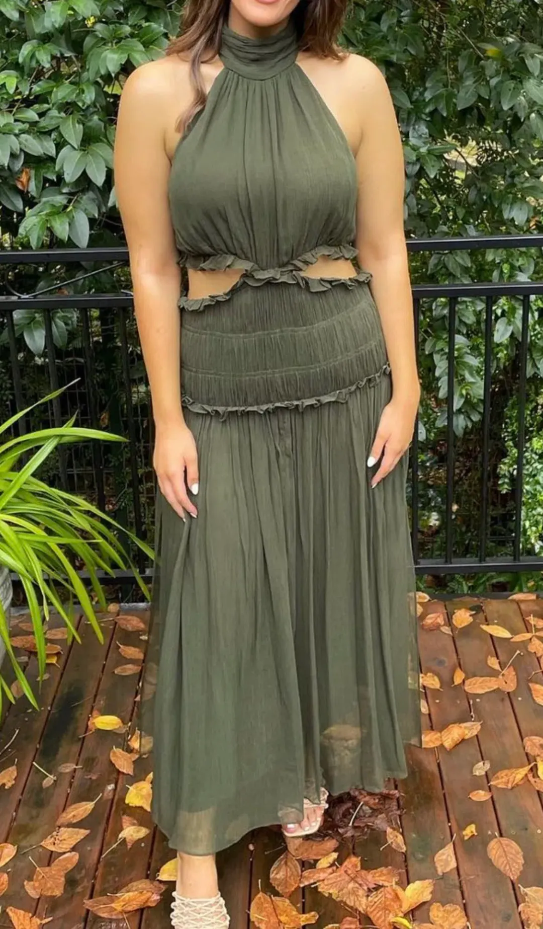 Shona Joy Safira High Neck Cut-Out Midi Dress Green Size 14 for rent on The Volte - main image