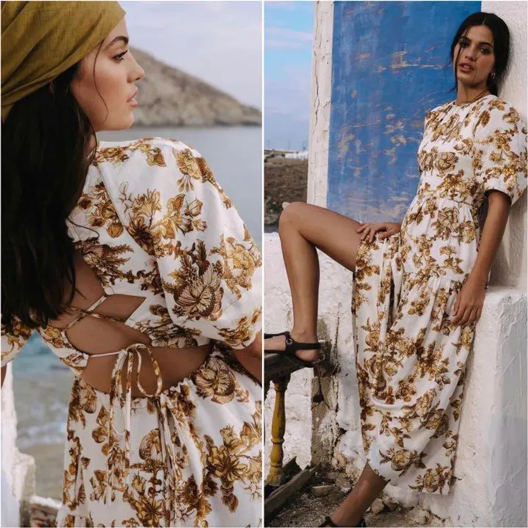 Shona Joy Bella Linen Short Sleeve Open Back Midi Dress Print Size 10 for rent on The Volte - main image
