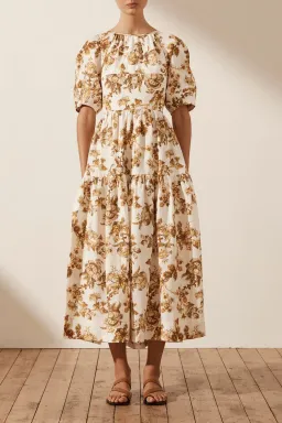 Shona Joy Bella Linen Short Sleeve Open Back Midi Dress Print Size 10 for rent on The Volte - image 1