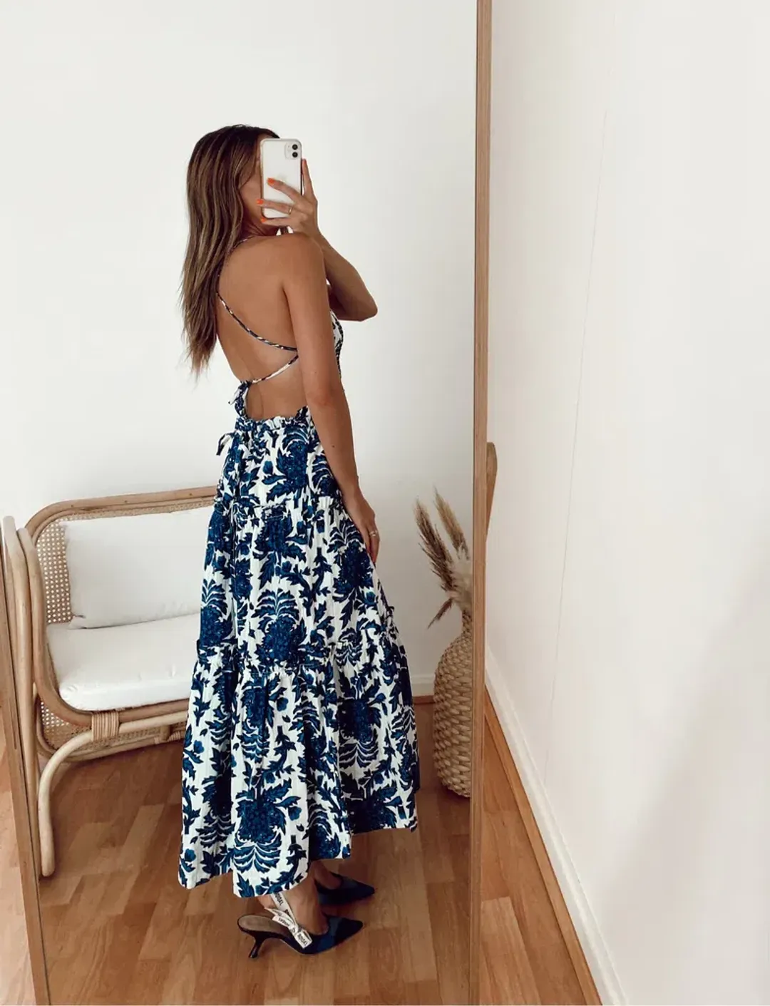 Shona Joy Diana Shirred Backless Midi Dress Print Size 10 for rent on The Volte - main image