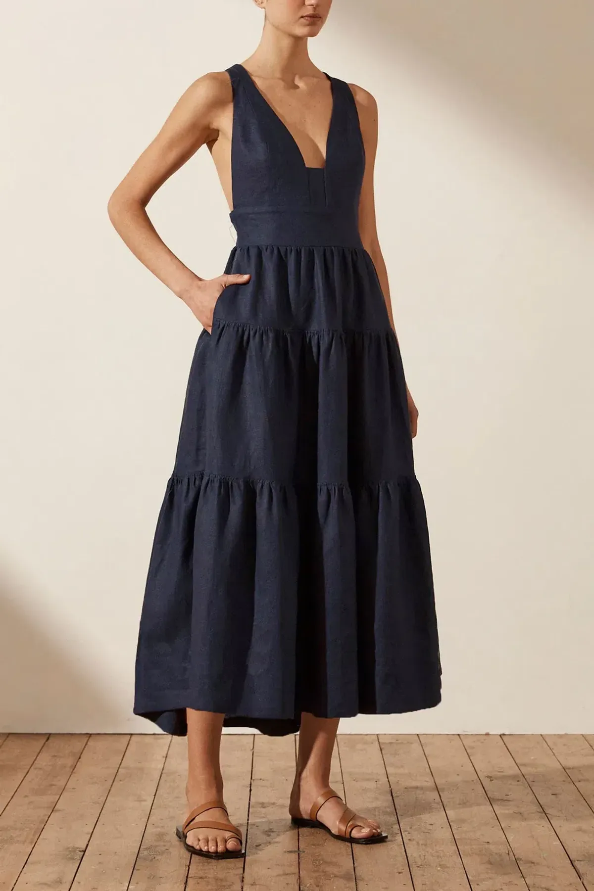 Shona Joy Ligia Plunged Cross Back Midi Dress Navy Size 6 for rent on The Volte - main image
