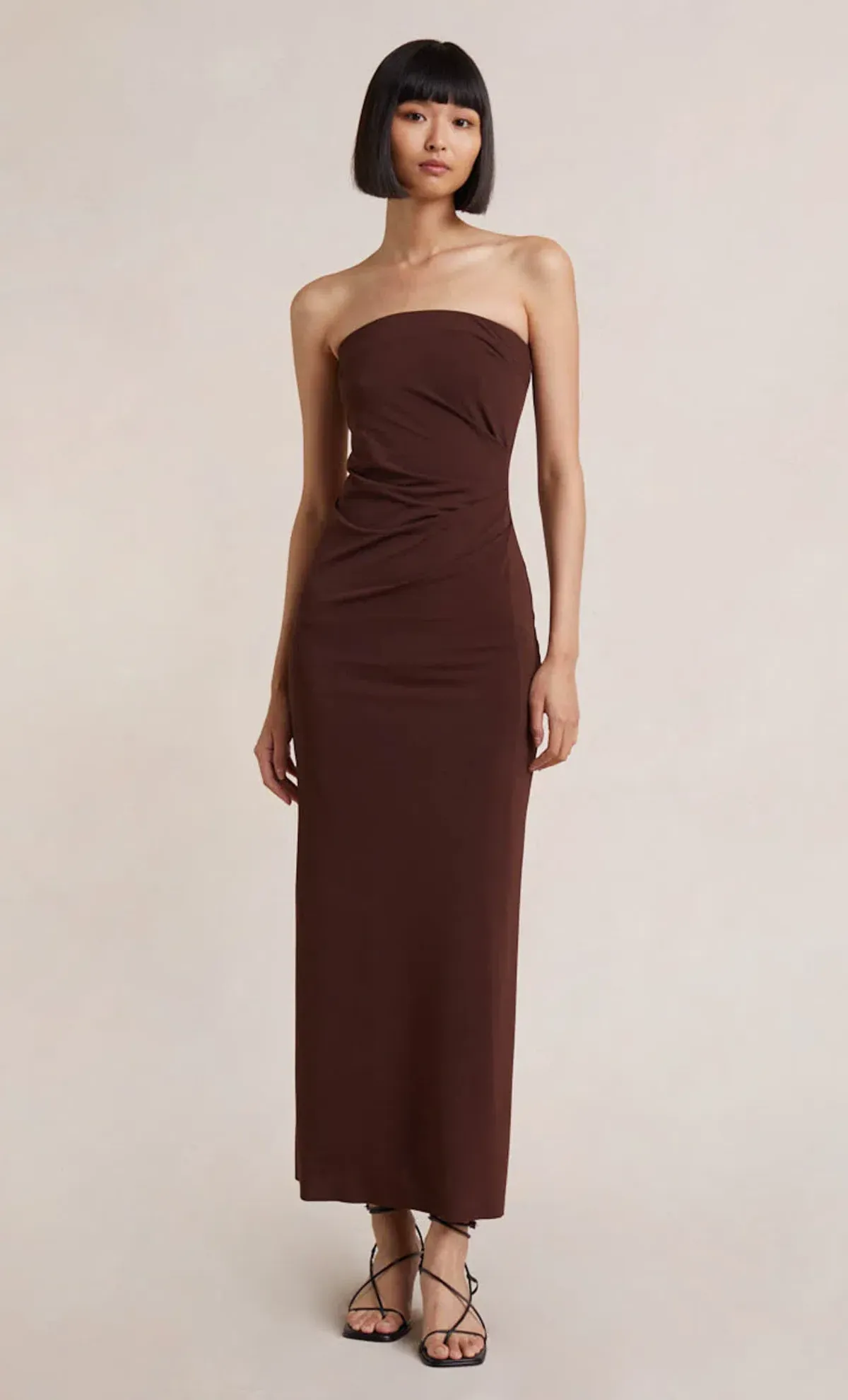 Bec & Bridge Myla Strapless Midi Dress Brown Size 8 for rent on The Volte - main image