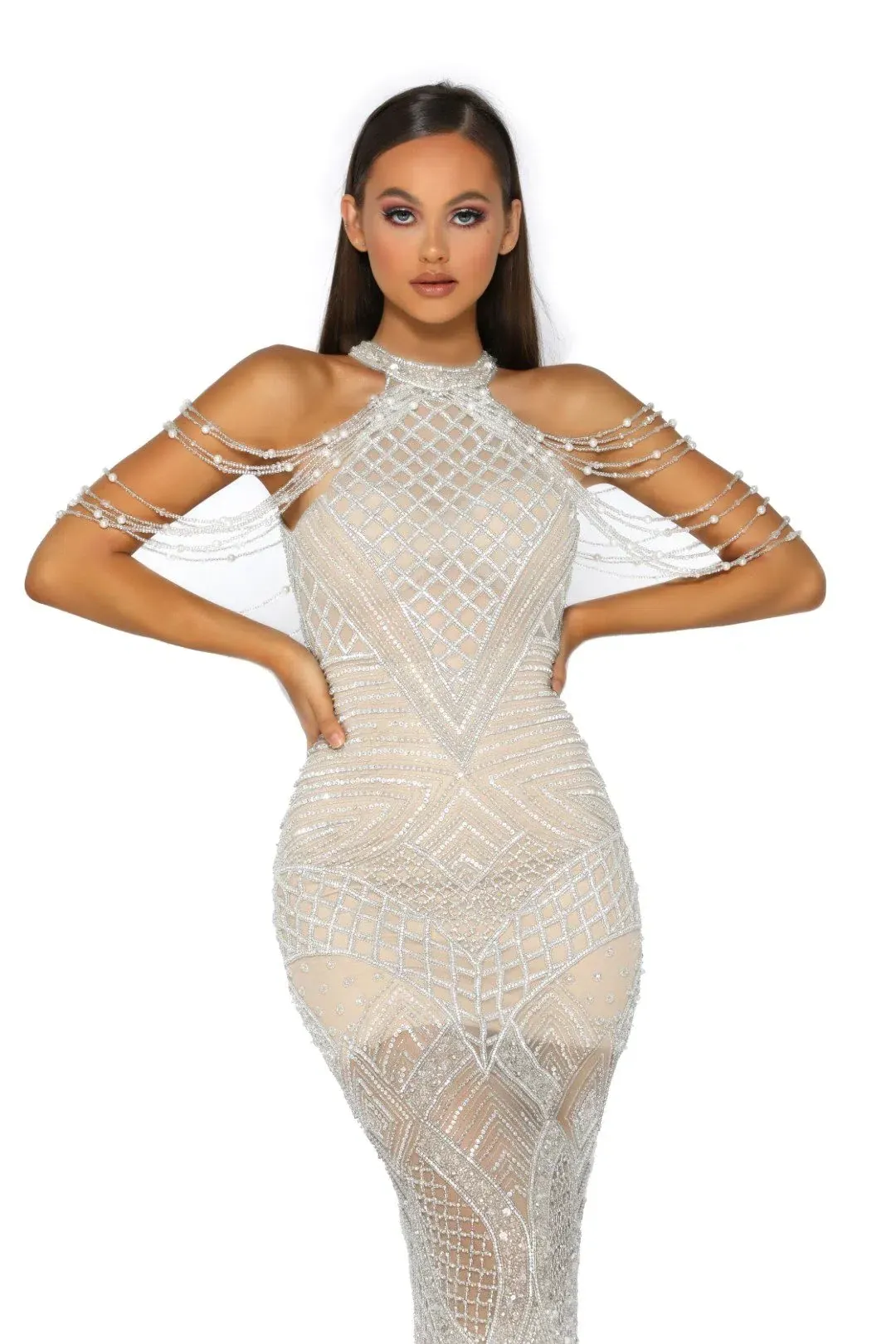 Portia and Scarlett Lilly Audrey Couture Gown Silver Crystal Beaded Size 12 for rent on The Volte - main image