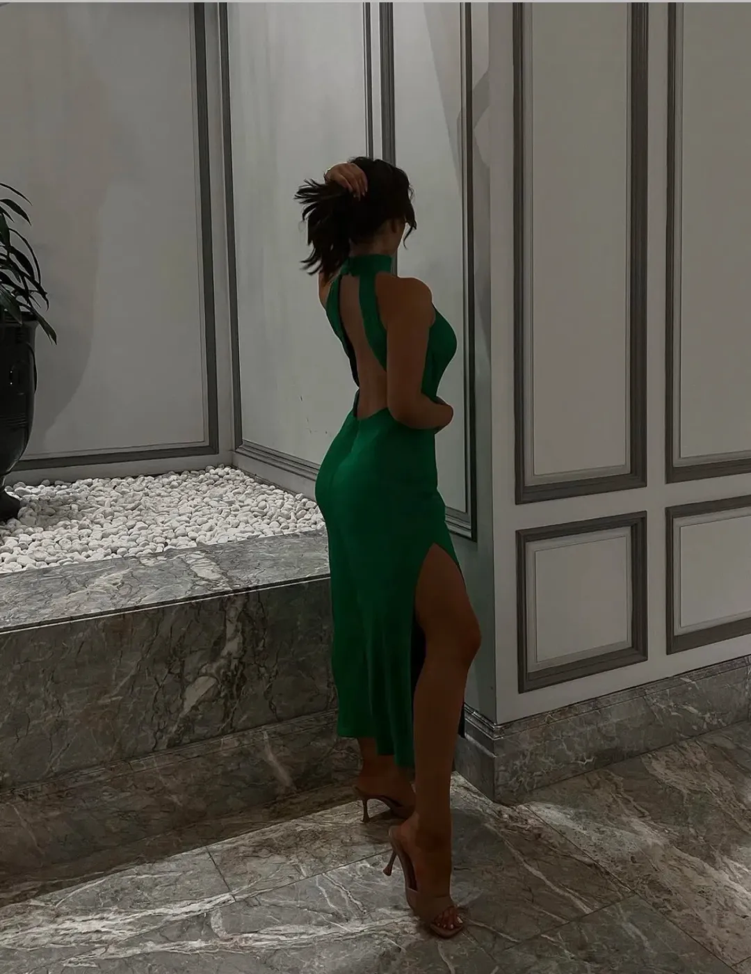 Meshki Claire Satin Drape Back Maxi Dress Green Size 8 for rent on The Volte - main image