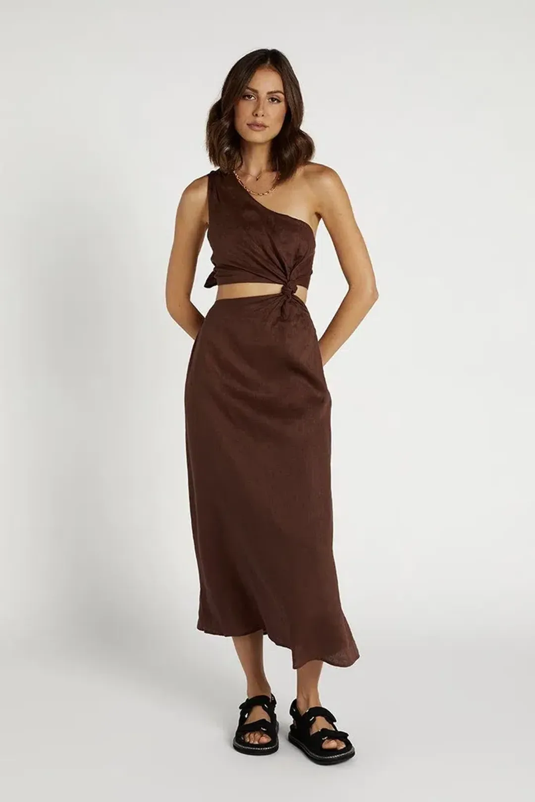 Dissh Keating Choc Linen Knot Mini Dress Brown Size S for rent on The Volte - main image