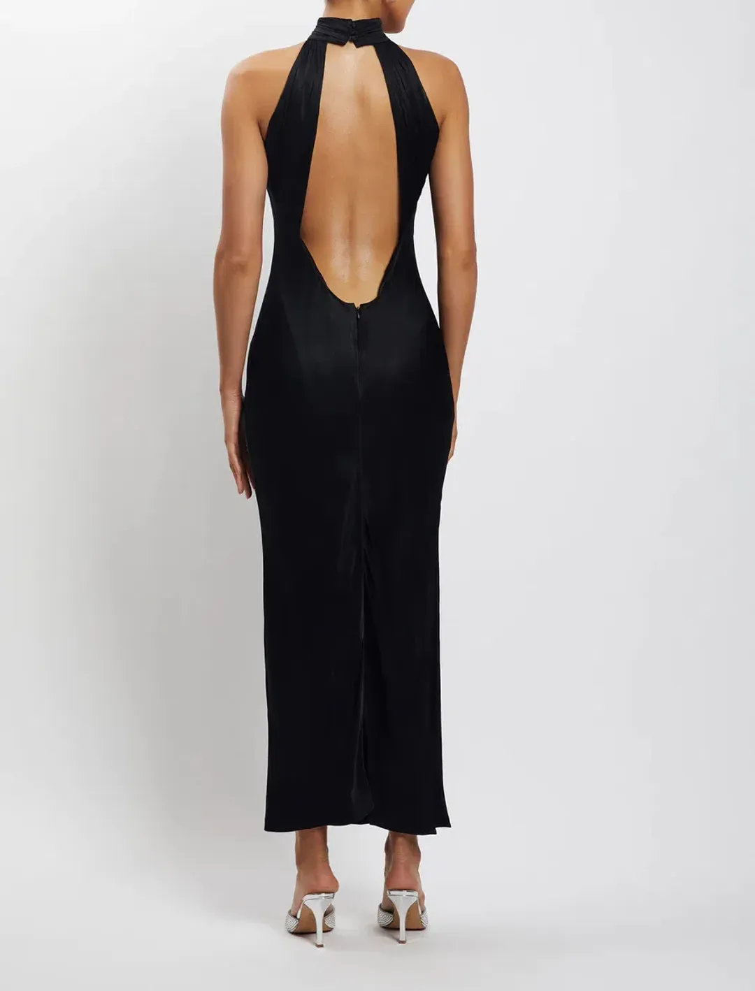 Meshki Claire Satin Drape Back Maxi Dress Black Size 8 for rent on The Volte - main image