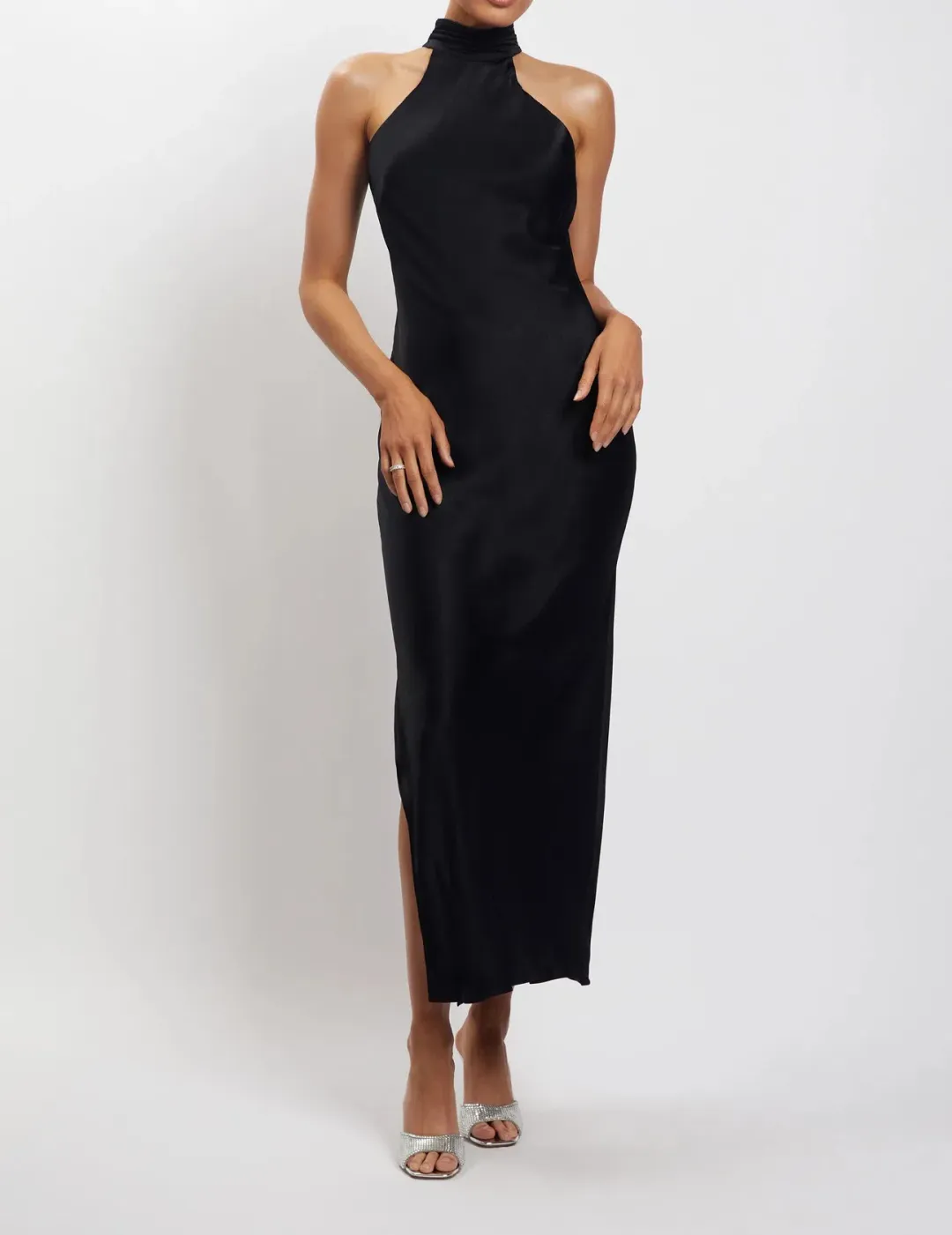 Meshki Claire Satin Drape Back Maxi Dress Black Size 8 for rent on The Volte - main image