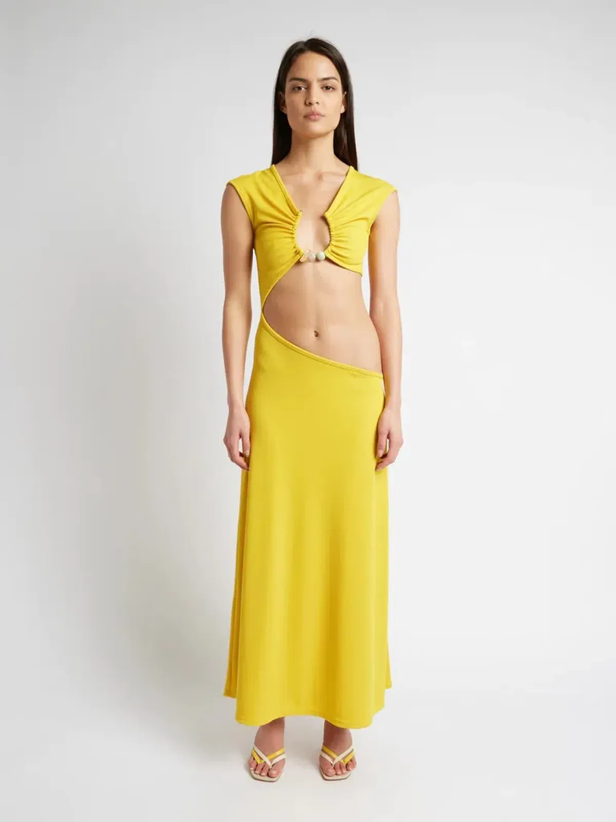 Christopher Esber The Quartz Disconnect Torso Cap Sleeve Dress Yellow Size 6  for rent on The Volte - main image