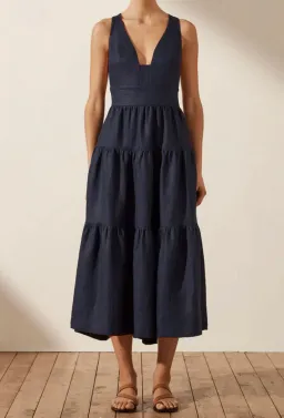 Shona Joy LIGIA LINEN PLUNGED CROSS BACK MIDI DRESS - NAVY for rent on The Volte - image 2