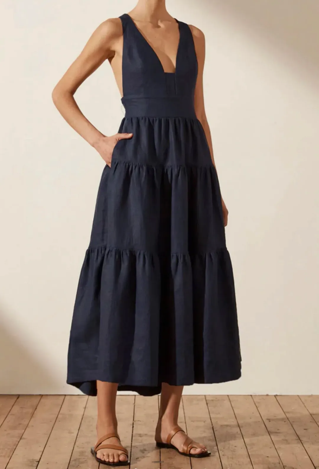 Shona Joy LIGIA LINEN PLUNGED CROSS BACK MIDI DRESS - NAVY for rent on The Volte - main image