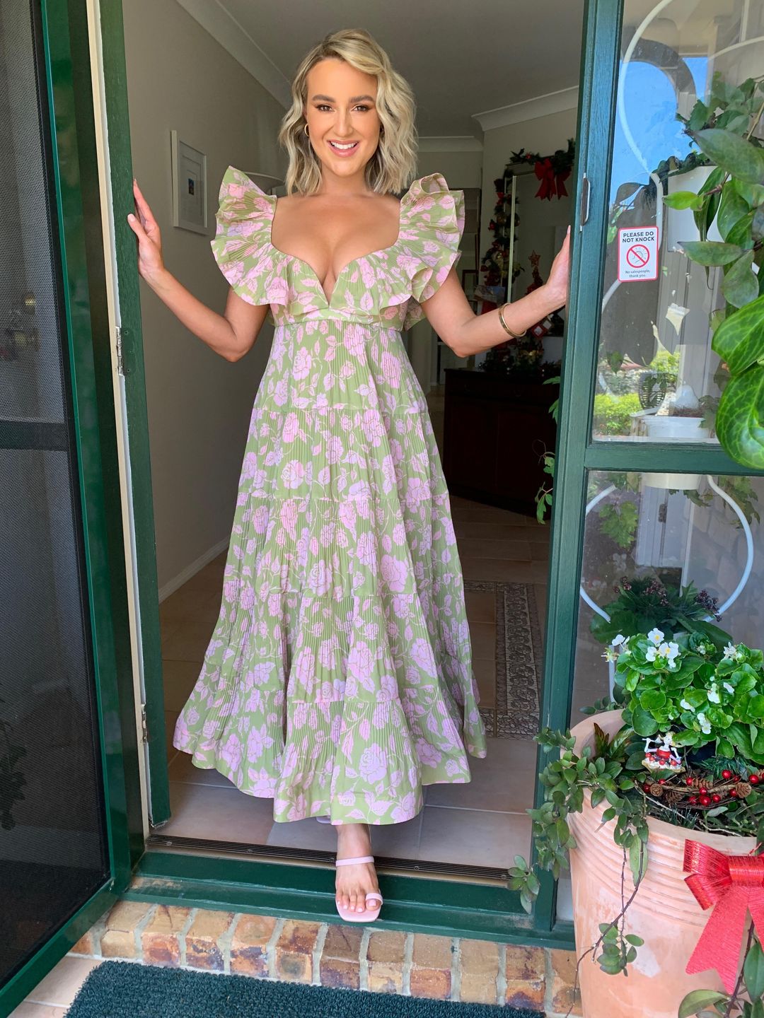 Zimmermann The Lovestruck Pleated Dress Olive/Pink Rose Size 1 / AU 10 for rent on The Volte - main image