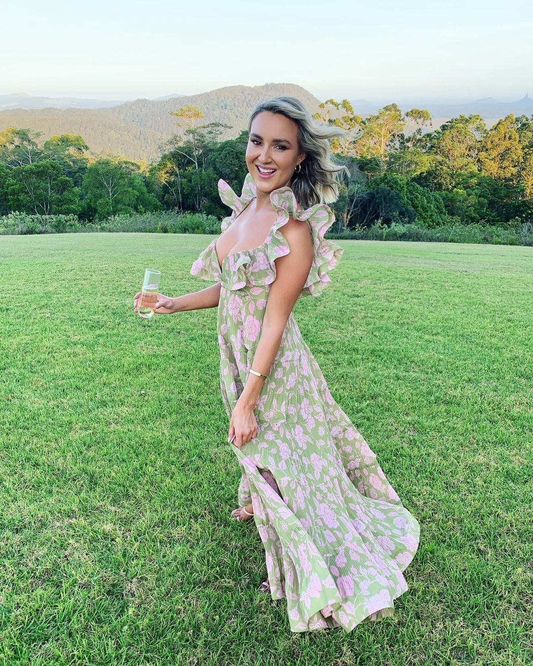 Zimmermann The Lovestruck Pleated Dress Olive/Pink Rose Size 1 / AU 10 for rent on The Volte - main image