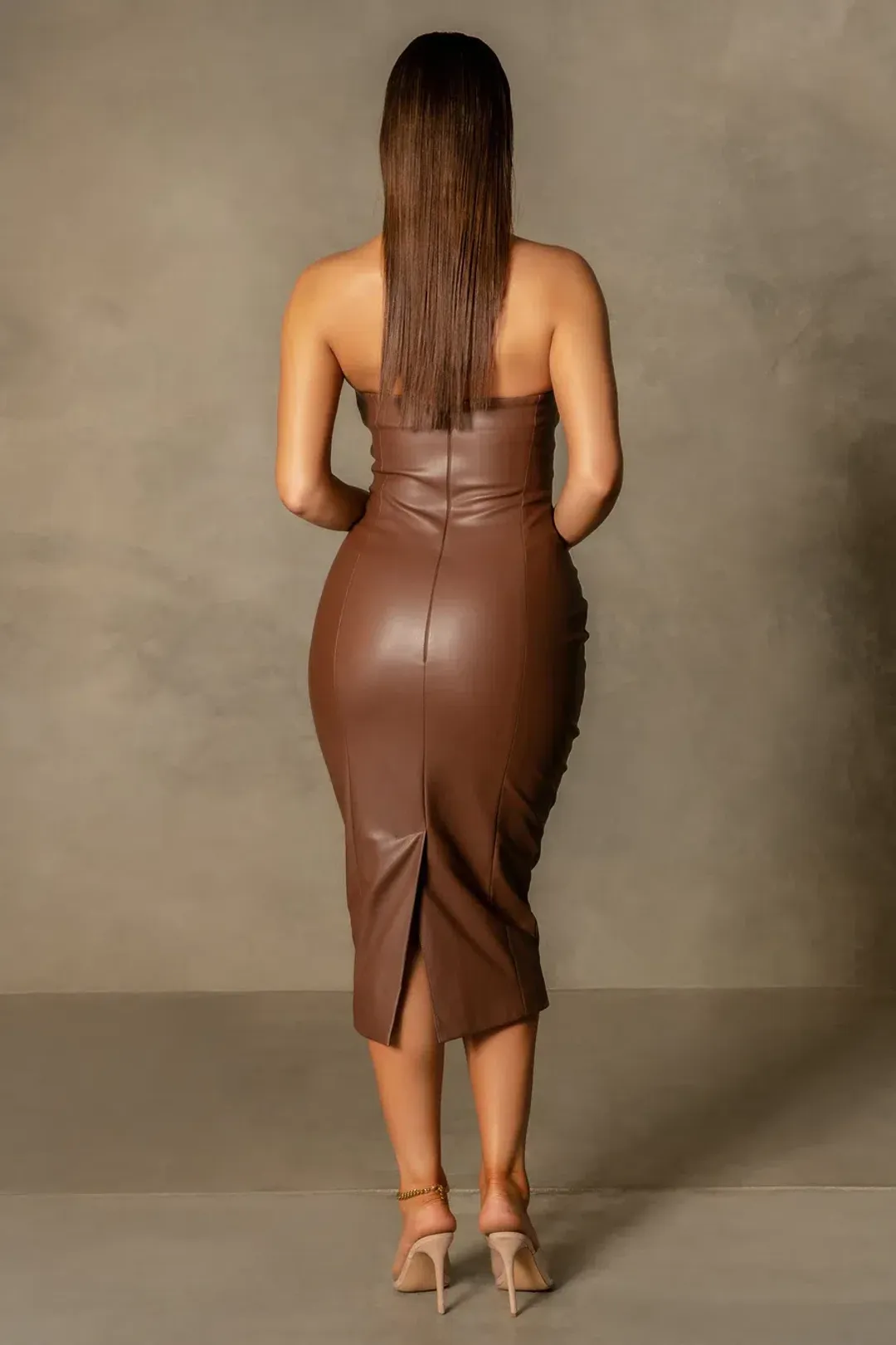 Meshki Pamela  Strapless Faux Leather Dress Brown Size S for rent on The Volte - main image