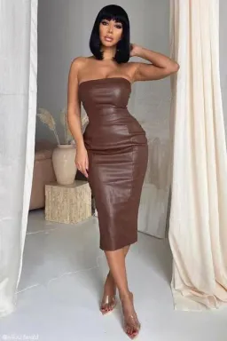 Meshki Pamela  Strapless Faux Leather Dress Brown Size S for rent on The Volte - image 3