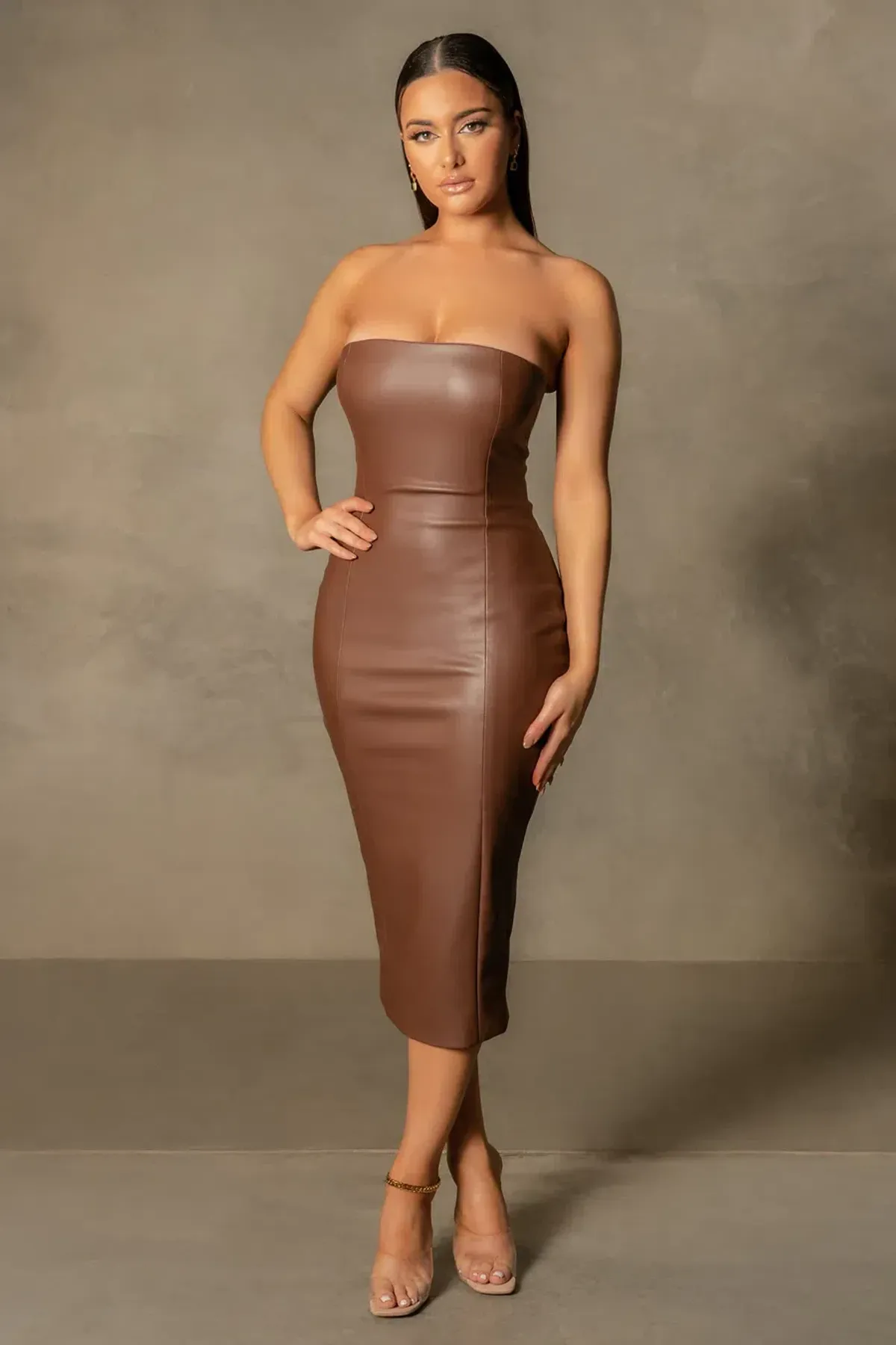 Meshki Pamela  Strapless Faux Leather Dress Brown Size S for rent on The Volte - main image