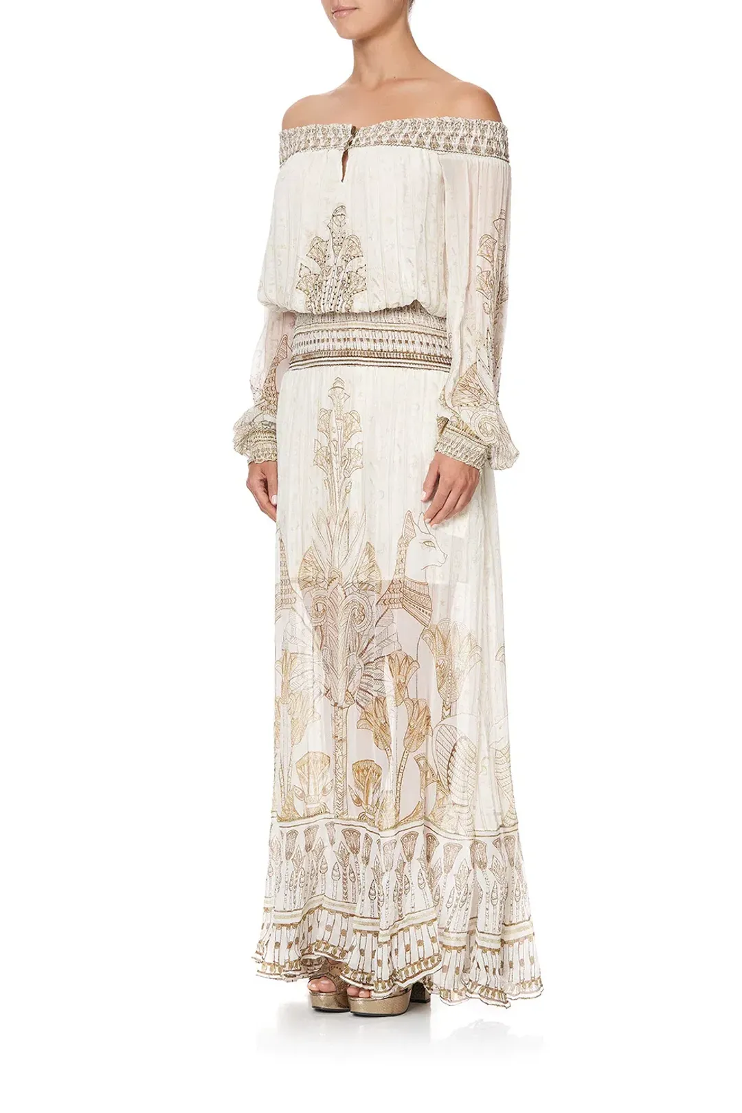 Camilla Off Shoulder Shirred Dress The Queens Chamber Print Size 10 for rent on The Volte - main image