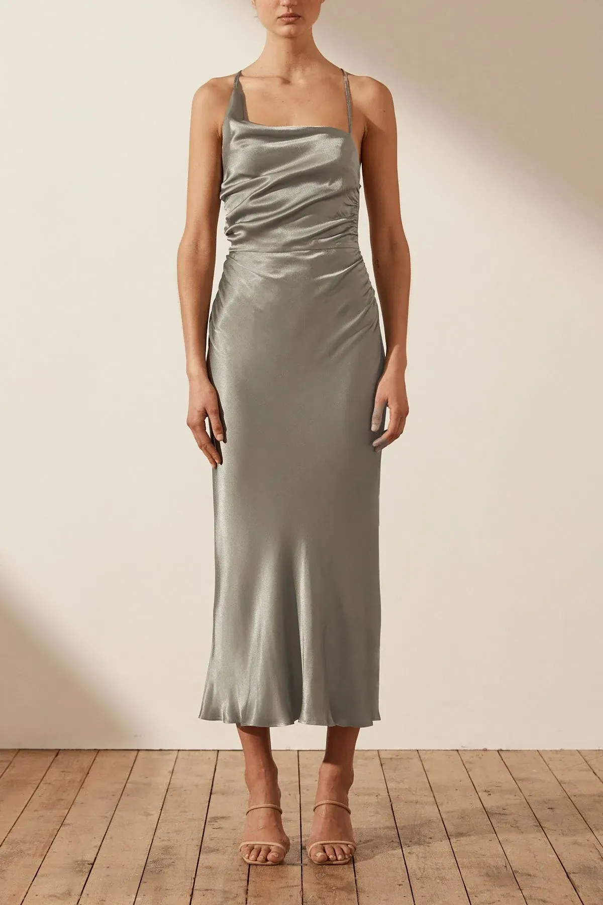 Shona Joy La Lune Asymmetrical Bias Cowl Midi Dress Sage Green Size 6 for rent on The Volte - main image