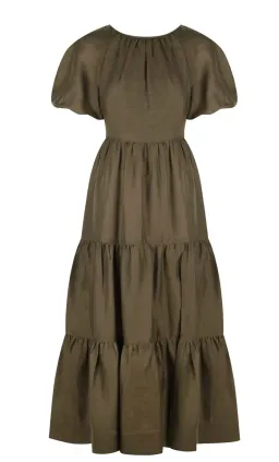 Shona Joy Bruna Linen Short Sleeve Backless Midi Dress Green Size 12 for rent on The Volte - image 3