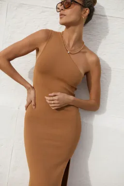 Shona Joy Basic One Shoulder Midi Dress in Tan Nude Size S for rent on The Volte - image 3