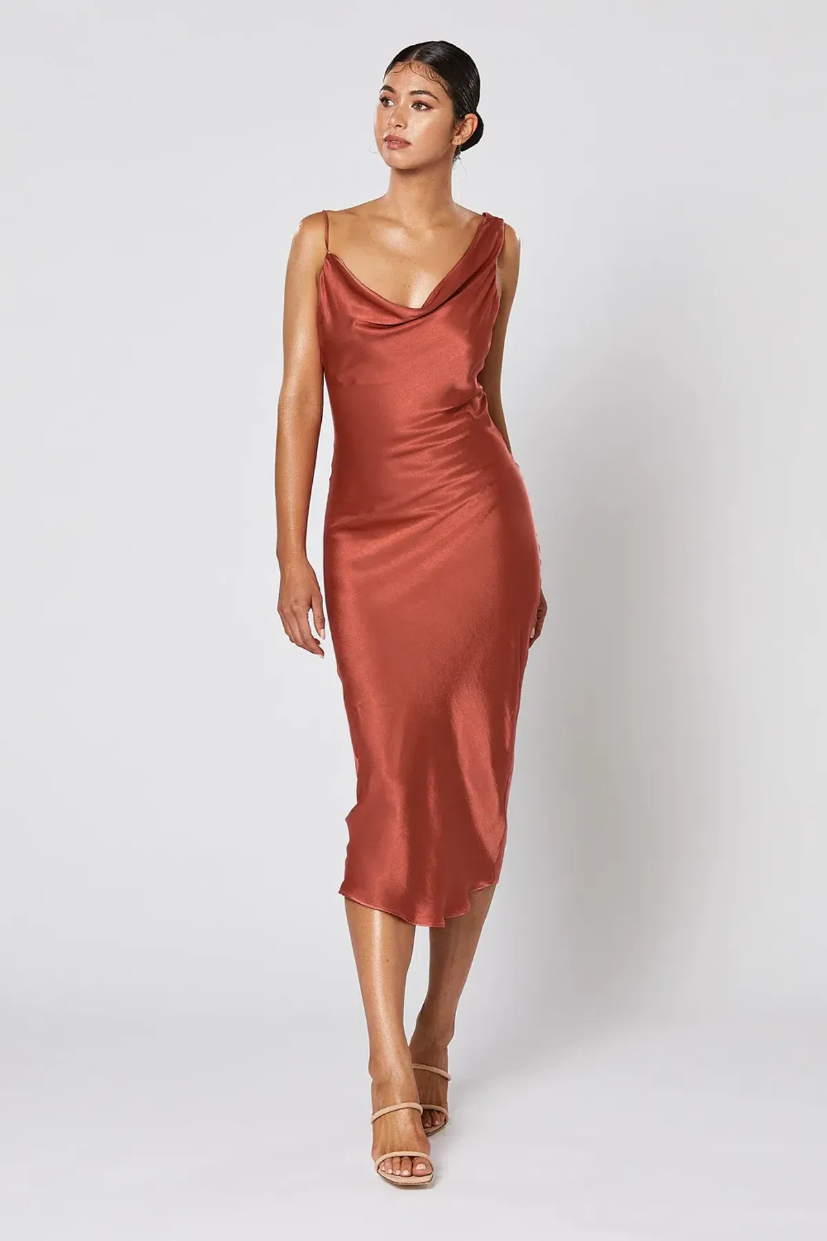 Winona Cara Asymmetric Satin Midi Dress in Copper Brown Size XS for rent on The Volte - main image