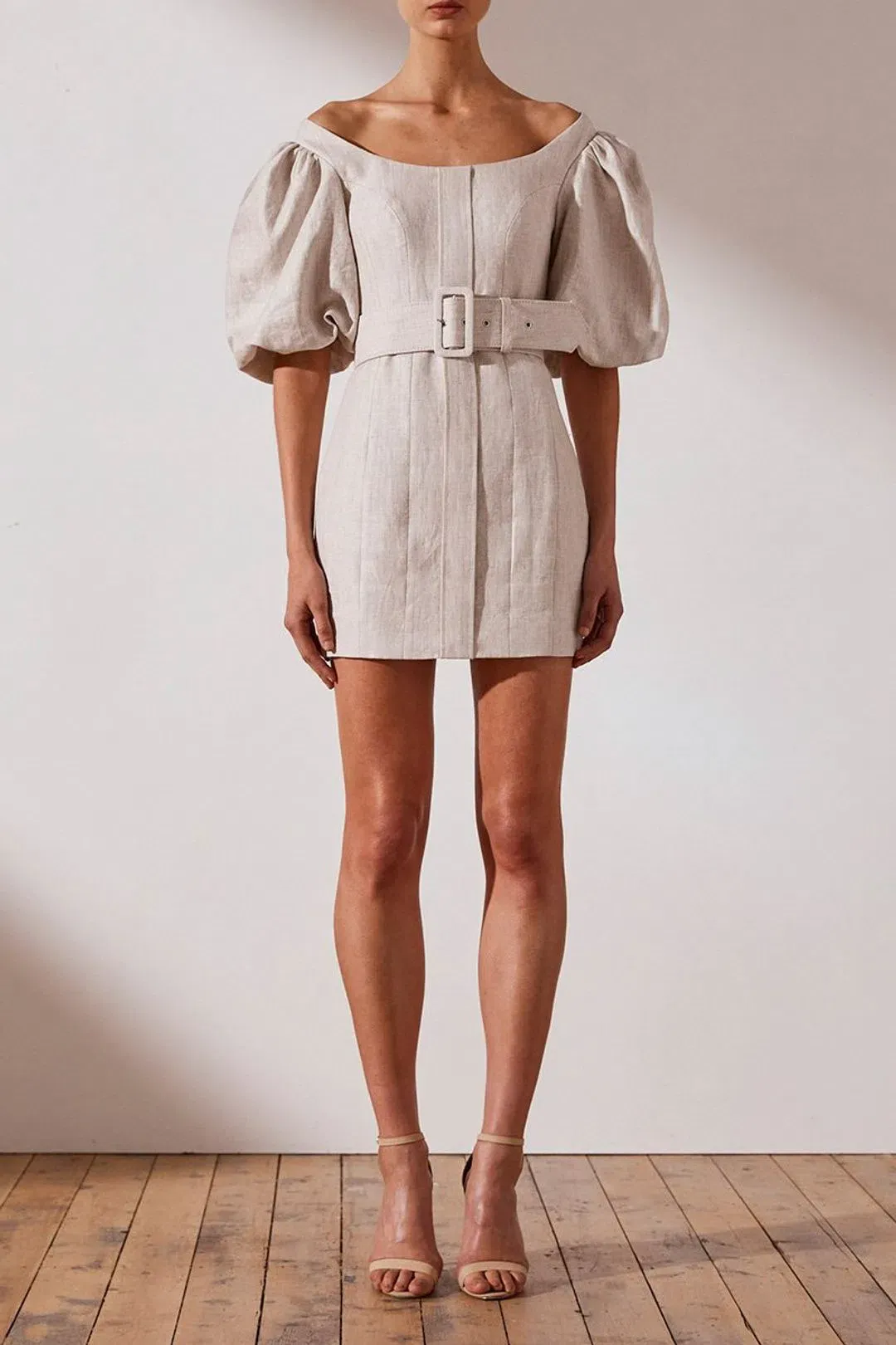 Shona Joy Hamilton Off Shoulder Fitted Mini Dress Beige Size 12 for rent on The Volte - main image