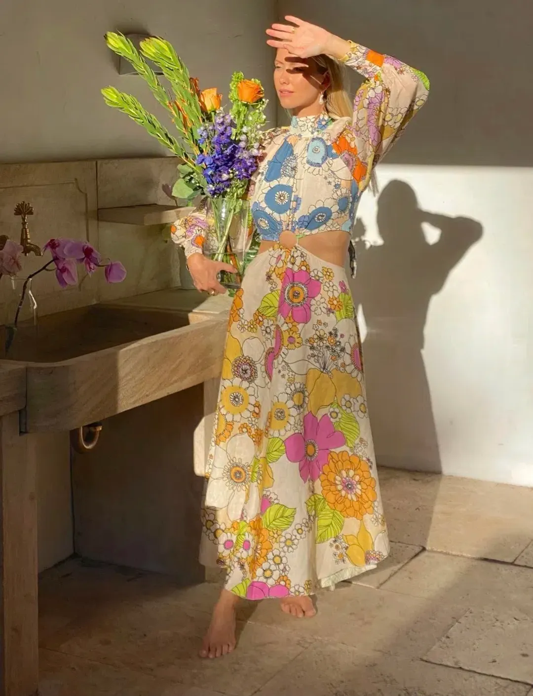 Alemais Farrah Cutout Floral Linen Midi Dress Print Size 10 for rent on The Volte - main image